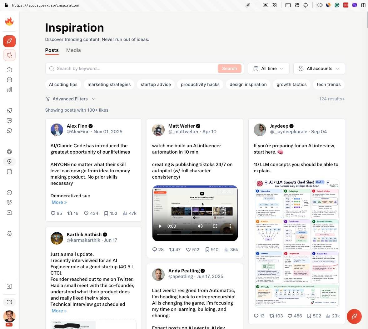 A screenshot of the SuperX.so Inspiration dashboard. It shows a search bar with quick filters like 'AI coding tips' and 'marketing strategies', alongside a grid of popular social media posts from users like Alex Finn, Matt Welter, Jaydeep, and Karthik Sathish, displaying their engagement metrics.