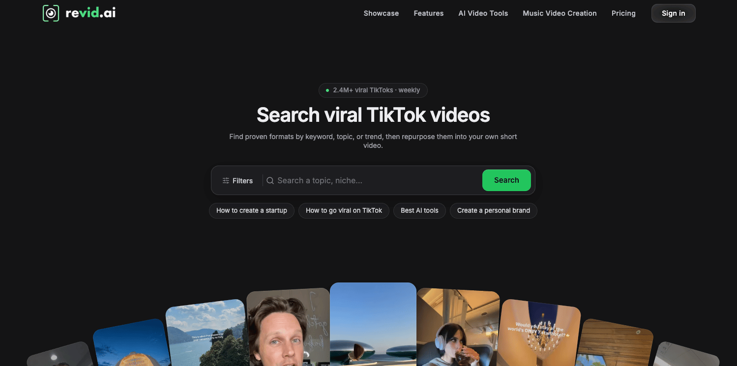 A screenshot of the Revid.ai homepage featuring a dark mode interface with the headline 'Search viral TikTok videos'. It includes a search bar, filter options, and a carousel of video thumbnails at the bottom.