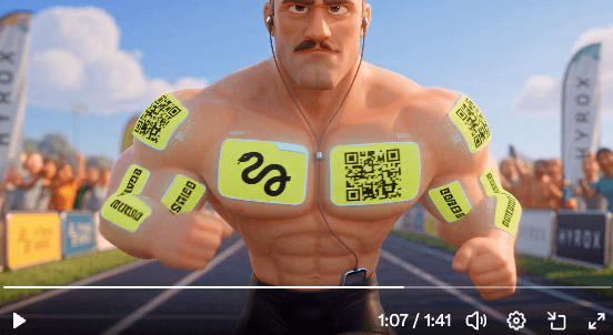 A 3D animated style image of a muscular man with a mustache running on a track. He is wearing earphones, and his chest and arms are covered in bright yellow patches featuring QR codes and a snake logo.