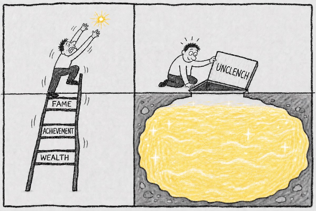A two-panel cartoon illustration. On the left, a man struggles to climb a tall ladder labeled 'Wealth', 'Achievement', and 'Fame' to reach a small star in the sky. On the right, a relaxed man opens a ground hatch labeled 'Unclench' to reveal a massive, glowing golden reservoir of light beneath him.